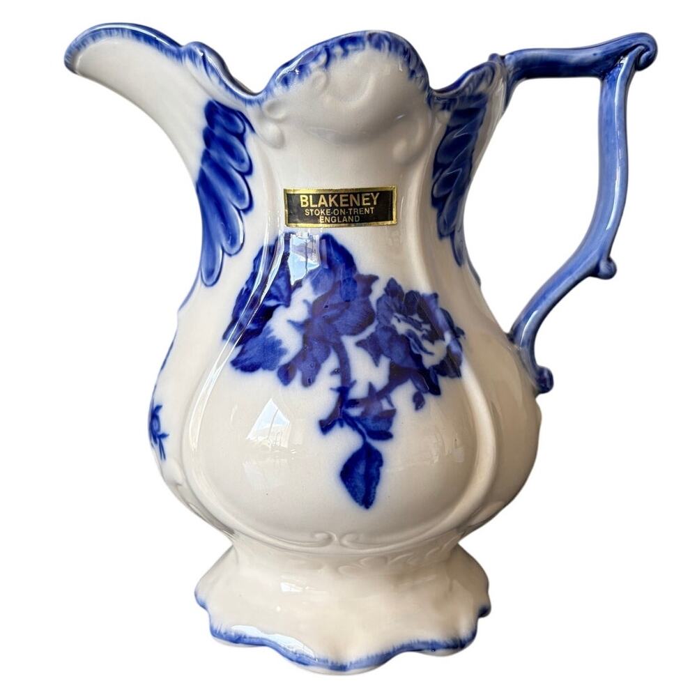 VTG Blakeney Ironstone Staffordshire England Flow Blue Rose Serving Pitcher 6.5"